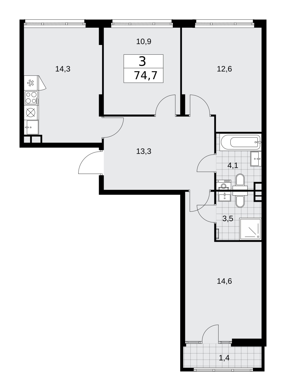 3-комнатная квартира с частичной отделкой, 74.7 м2, 3 этаж, сдача 2 квартал 2026 г., ЖК Деснаречье, корпус 4.4 - объявление 2264183 - фото №1