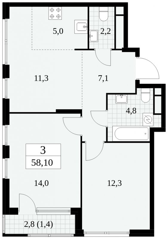 3-комнатная квартира (евро) без отделки, 58.1 м2, 20 этаж, сдача 2 квартал 2025 г., ЖК Южные сады, корпус 2.4 - объявление 1760497 - фото №1
