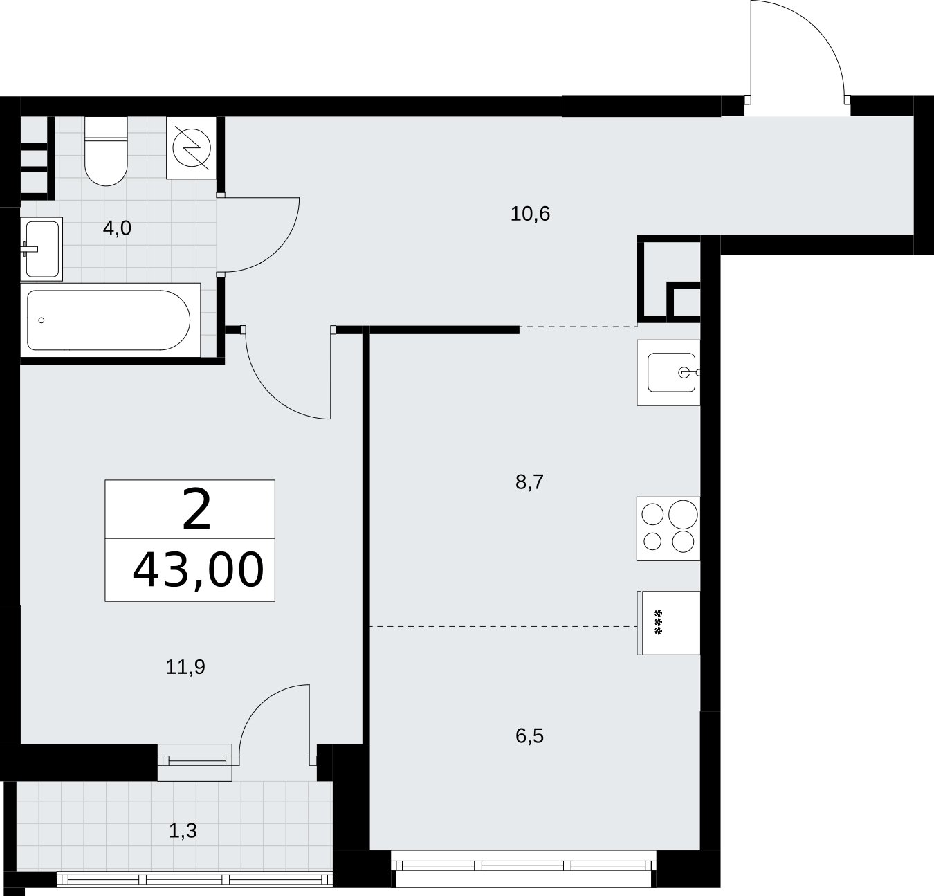 2-комнатная квартира (евро) с полной отделкой, 43 м2, 5 этаж, сдача 4 квартал 2026 г., ЖК Родные кварталы, корпус 3.3 - объявление 2378567 - фото №1