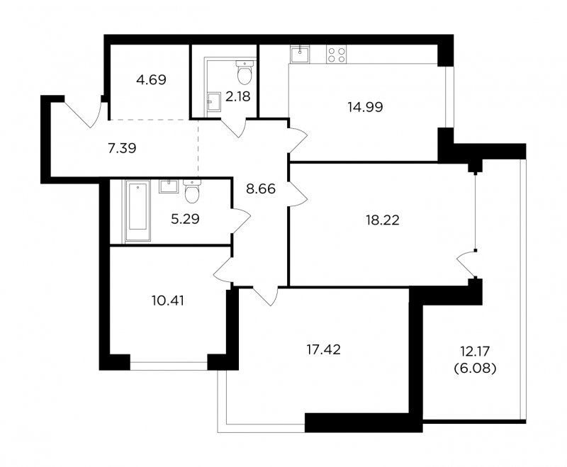 3-комнатная квартира без отделки, 95.33 м2, 14 этаж, дом сдан, ЖК RiverSky, корпус 7 - объявление 1747970 - фото №1