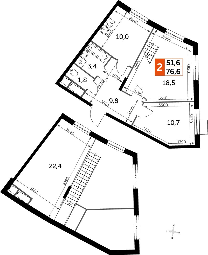 2-комнатная квартира без отделки, 76.5 м2, 8 этаж, дом сдан, ЖК UP-квартал Римский, корпус 7 - объявление 2353974 - фото №1