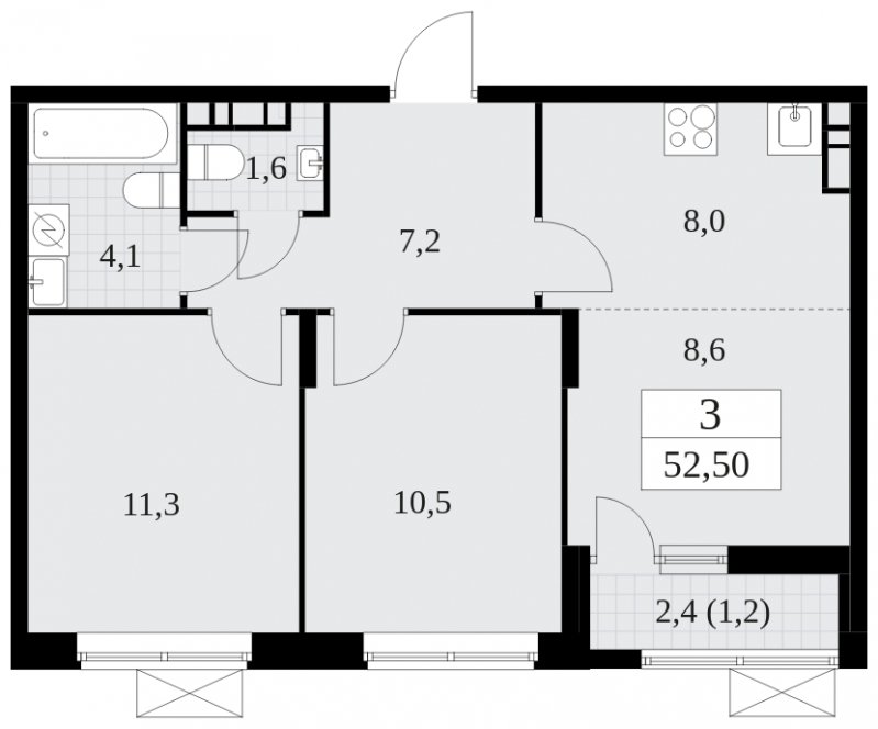 3-комнатная квартира (евро) с частичной отделкой, 52.4 м2, 18 этаж, сдача 2 квартал 2025 г., ЖК Прокшино, корпус 5.2.6 - объявление 1901166 - фото №1