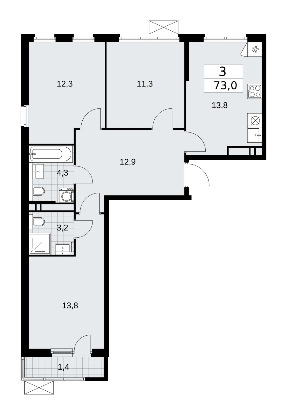 3-комнатная квартира с частичной отделкой, 73 м2, 13 этаж, сдача 2 квартал 2026 г., ЖК Прокшино, корпус 11.2.3 - объявление 2270243 - фото №1