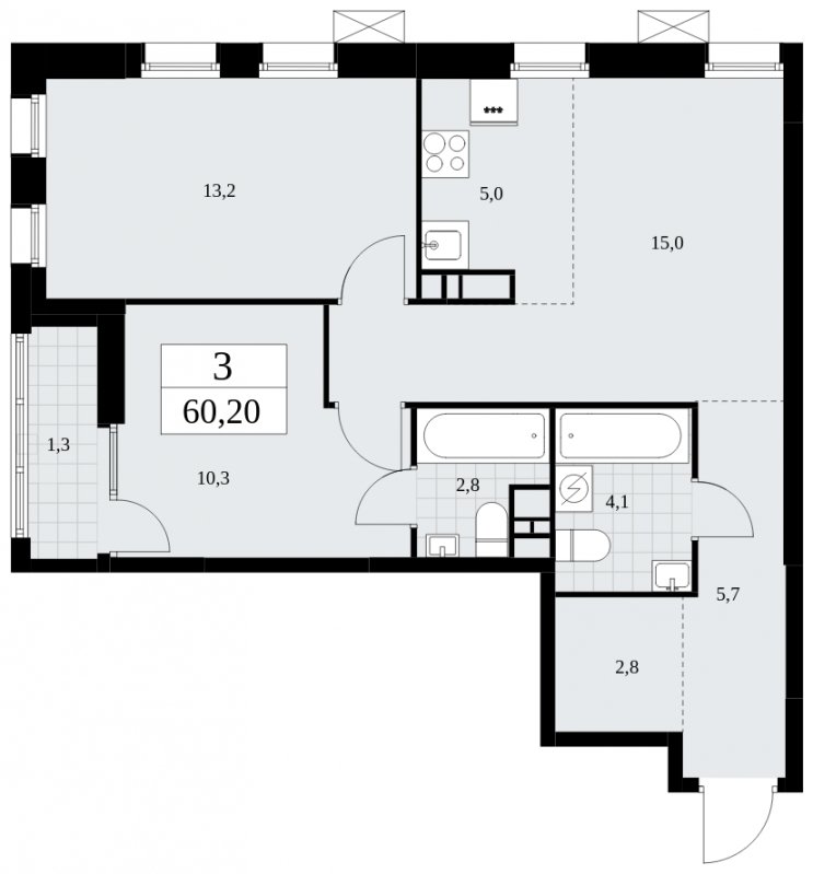 3-комнатная квартира (евро) с частичной отделкой, 60.2 м2, 8 этаж, сдача 1 квартал 2025 г., ЖК Дзен-кварталы, корпус 1.1 - объявление 1895514 - фото №1