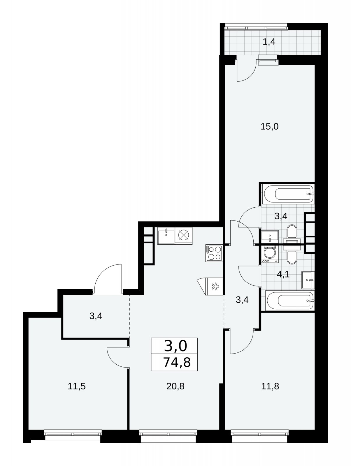 3-комнатная квартира с частичной отделкой, 74.8 м2, 10 этаж, сдача 2 квартал 2026 г., ЖК Дзен-кварталы, корпус 3.4 - объявление 2241900 - фото №1