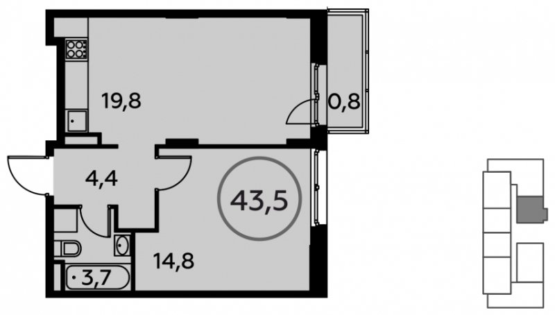 1-комнатная квартира без отделки, 43.5 м2, 11 этаж, дом сдан, ЖК Скандинавия, корпус 19.1 - объявление 1230625 - фото №1