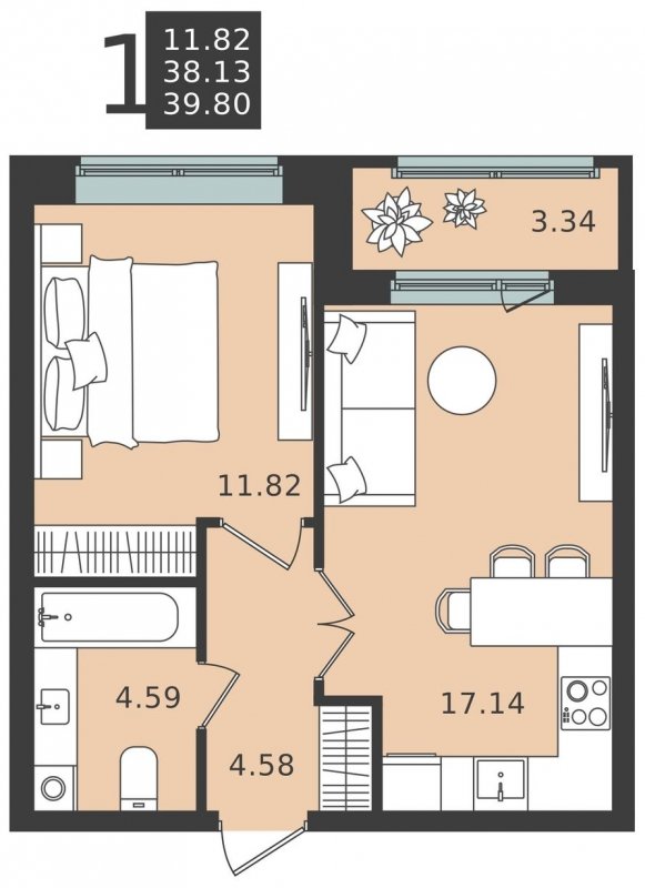 1-комнатная квартира без отделки, 39.8 м2, 1 этаж, сдача 1 квартал 2024 г., ЖК Мишино-2, корпус 6 - объявление 1949069 - фото №1