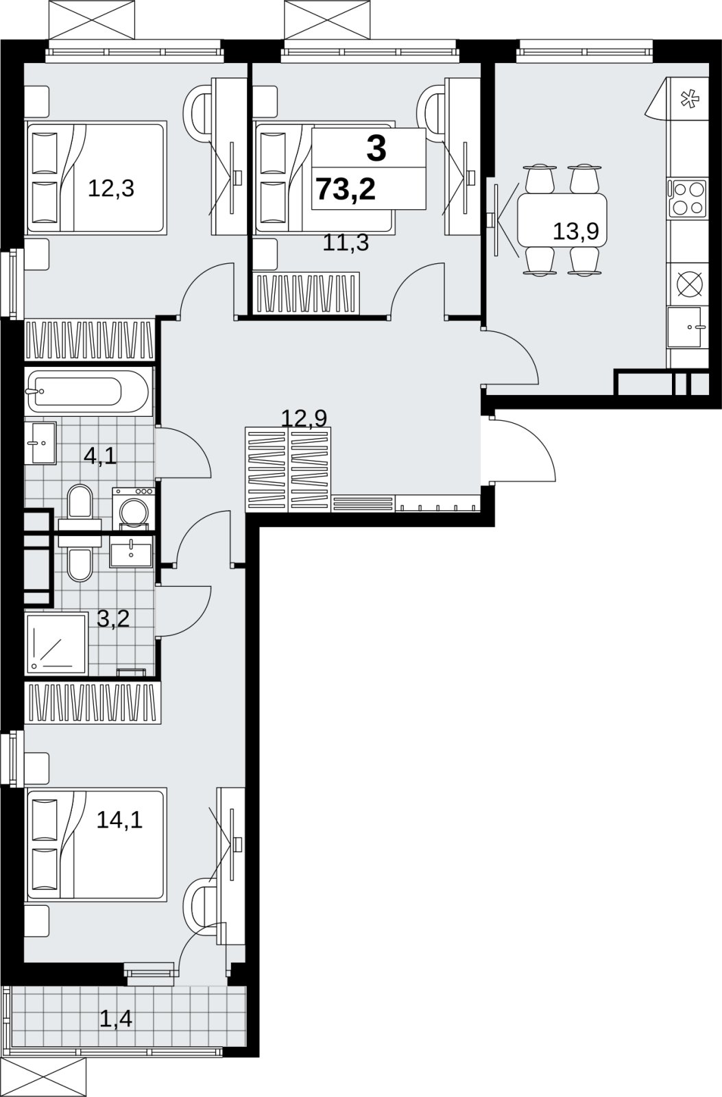 3-комнатная квартира без отделки, 73.2 м2, 11 этаж, сдача 4 квартал 2026 г., ЖК Скандинавия, корпус 2.18.2.4 - объявление 2351570 - фото №1