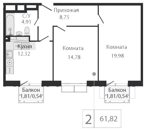 2-комнатная квартира без отделки, 61.82 м2, 2 этаж, сдача 2 квартал 2023 г., ЖК Dream Towers, корпус 3 - объявление 1800639 - фото №1