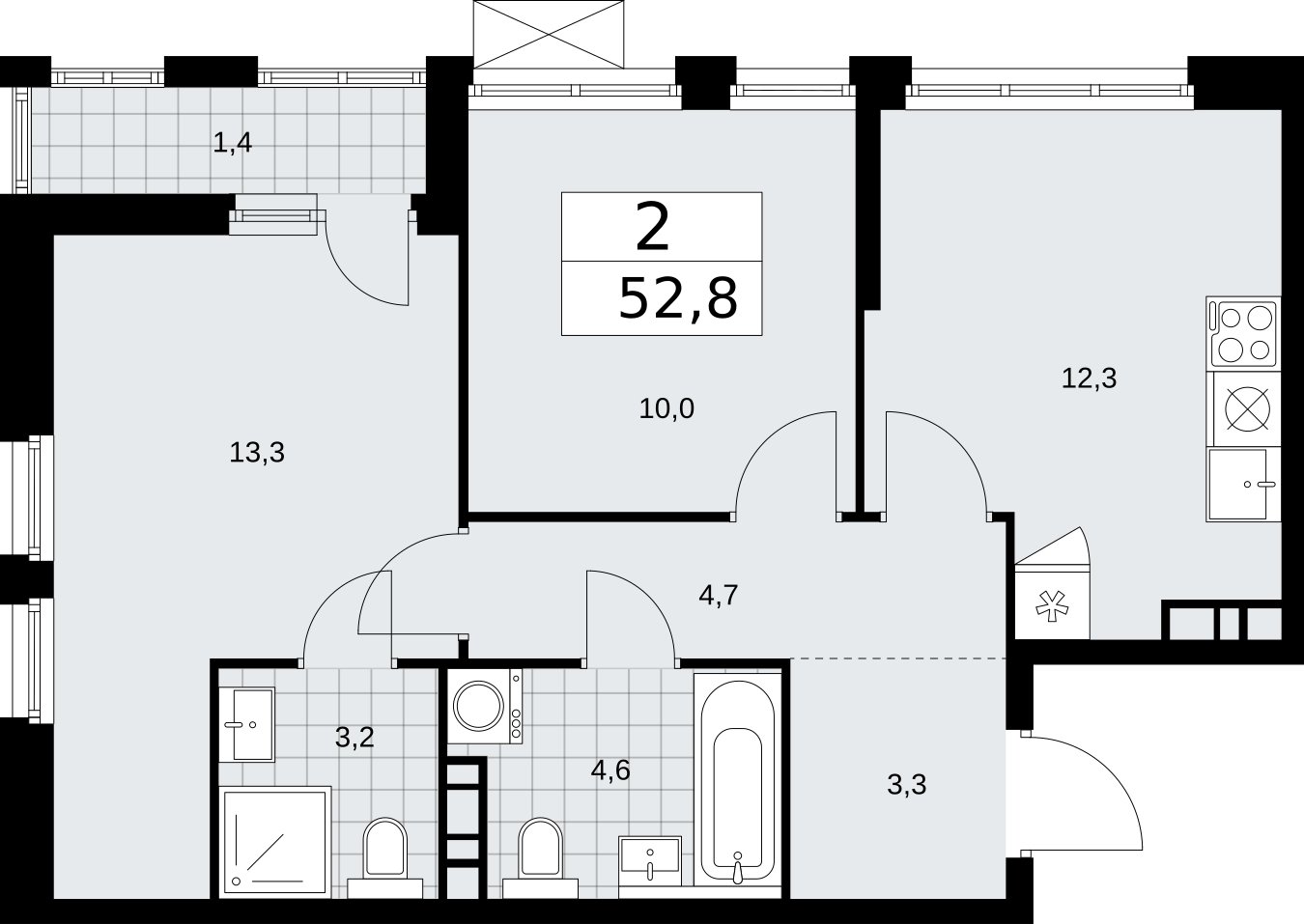 2-комнатная квартира без отделки, 52.8 м2, 6 этаж, сдача 2 квартал 2026 г., ЖК Бунинские кварталы, корпус 5.4 - объявление 2297695 - фото №1