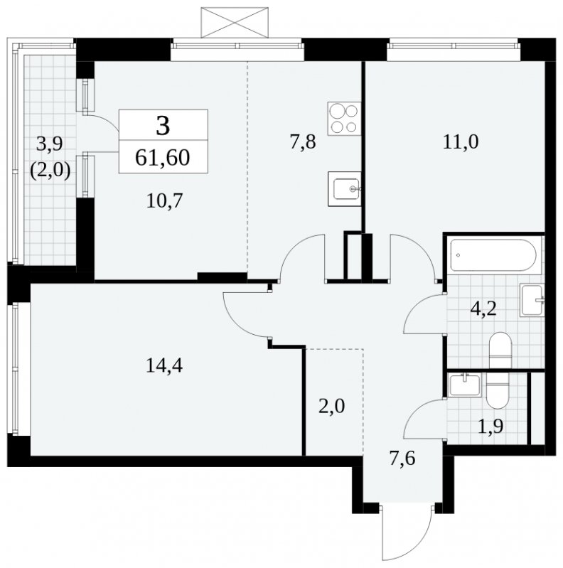 3-комнатная квартира (евро) без отделки, 61.6 м2, 4 этаж, сдача 2 квартал 2024 г., ЖК Прокшино, корпус 6.3 - объявление 1662928 - фото №1