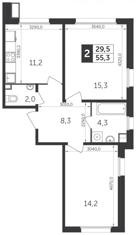 2-комнатная квартира с частичной отделкой, 55.3 м2, 14 этаж, сдача 1 квартал 2022 г., ЖК Датский квартал, корпус 1 - объявление 1329207 - фото №1