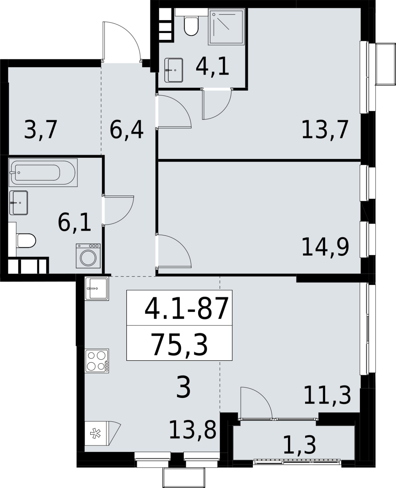 3-комнатная квартира (евро) с полной отделкой, 75.3 м2, 16 этаж, сдача 2 квартал 2027 г., ЖК Южные сады, корпус 4.1.1 - объявление 2392628 - фото №1