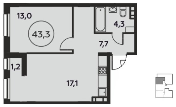 1-комнатная квартира без отделки, 43.3 м2, 14 этаж, сдача 1 квартал 2022 г., ЖК Скандинавия, корпус 8.4 - объявление 1222328 - фото №1