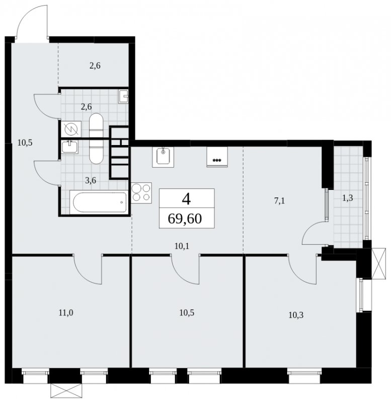 4-комнатная квартира (евро) без отделки, 69.6 м2, 9 этаж, сдача 2 квартал 2025 г., ЖК Дзен-кварталы, корпус 2.3 - объявление 1932584 - фото №1