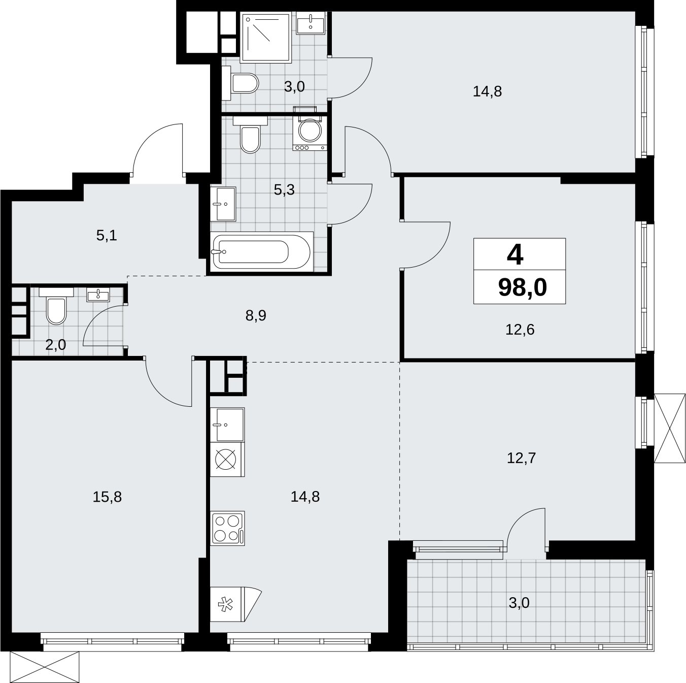 4-комнатная квартира (евро) без отделки, 98 м2, 8 этаж, сдача 4 квартал 2026 г., ЖК Скандинавия, корпус 2.18.1.1 - объявление 2350601 - фото №1