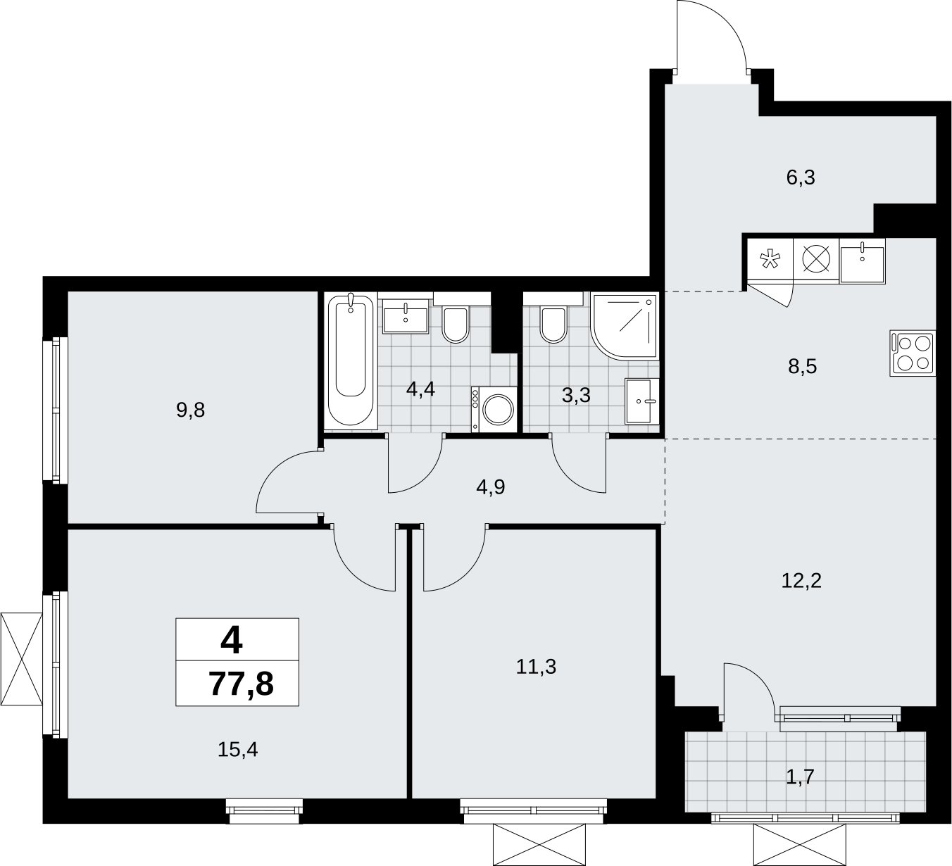 4-комнатная квартира (евро) без отделки, 77.8 м2, 3 этаж, сдача 2 квартал 2026 г., ЖК Бунинские кварталы, корпус 9.2 - объявление 2324201 - фото №1