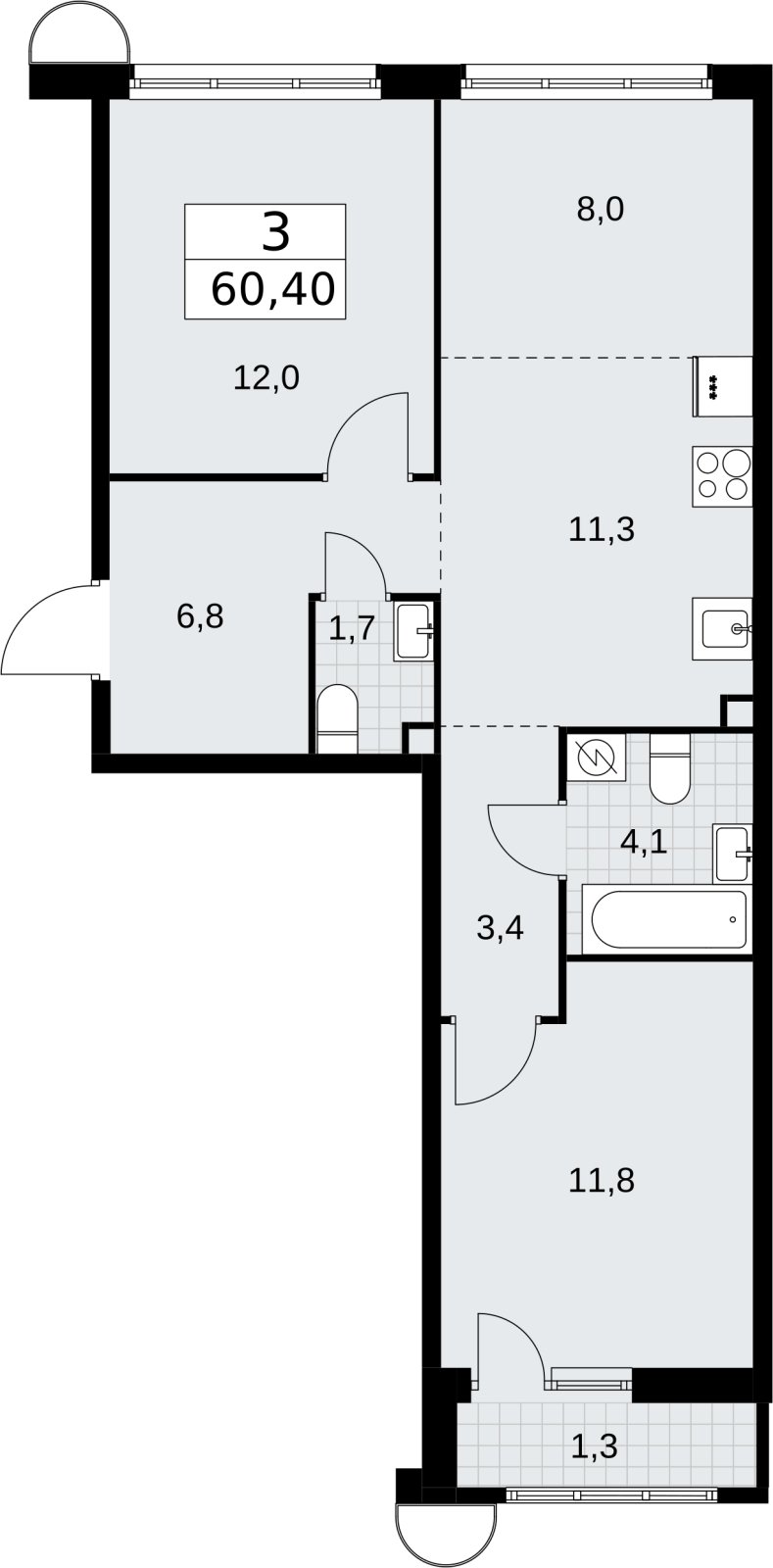 3-комнатная квартира (евро) с полной отделкой, 60.4 м2, 2 этаж, сдача 4 квартал 2026 г., ЖК Родные кварталы, корпус 3.2 - объявление 2378407 - фото №1