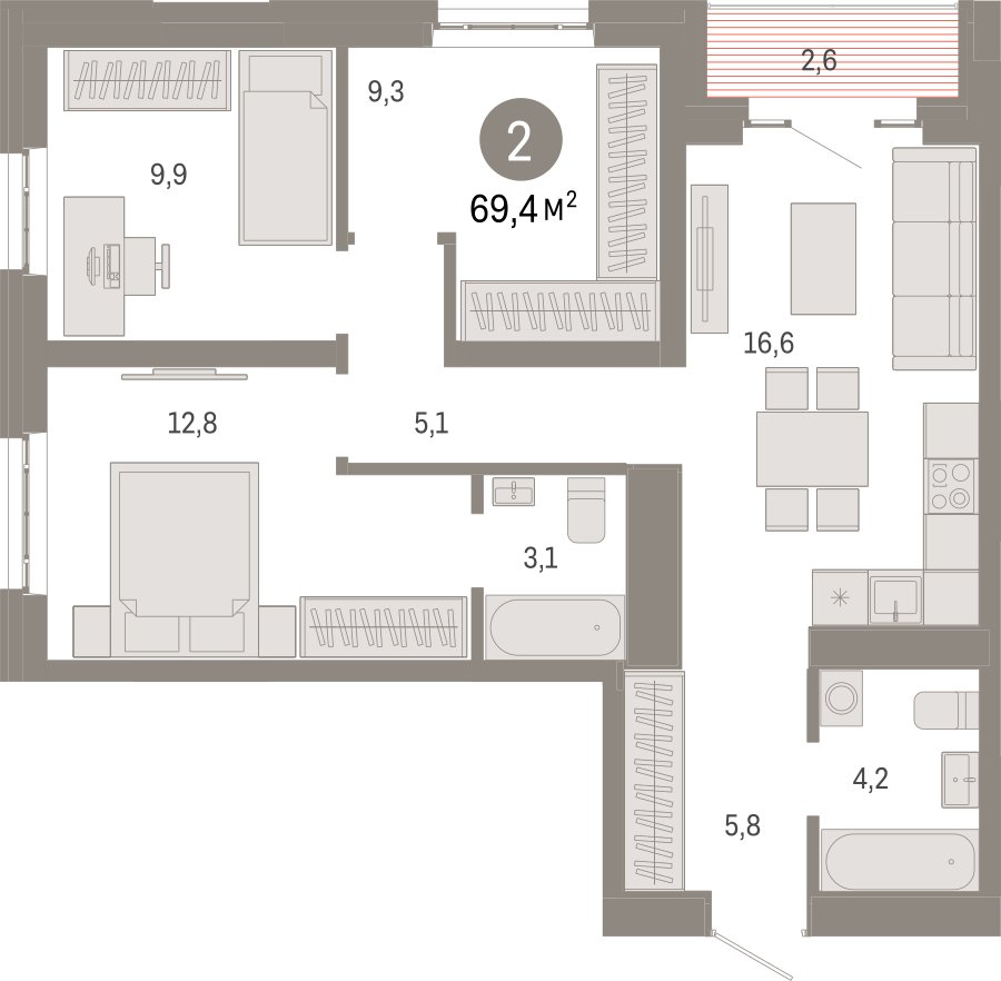 3-комнатная квартира 69.4 м2, 4 этаж, сдача 3 квартал 2026 г., ЖК Квартал Метроном, корпус 1 - объявление 2396844 - фото №1
