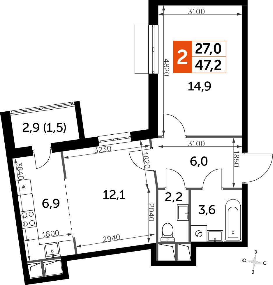 2-комнатная квартира без отделки, 47.1 м2, 9 этаж, дом сдан, ЖК UP-квартал Римский, корпус 7 - объявление 2353916 - фото №1