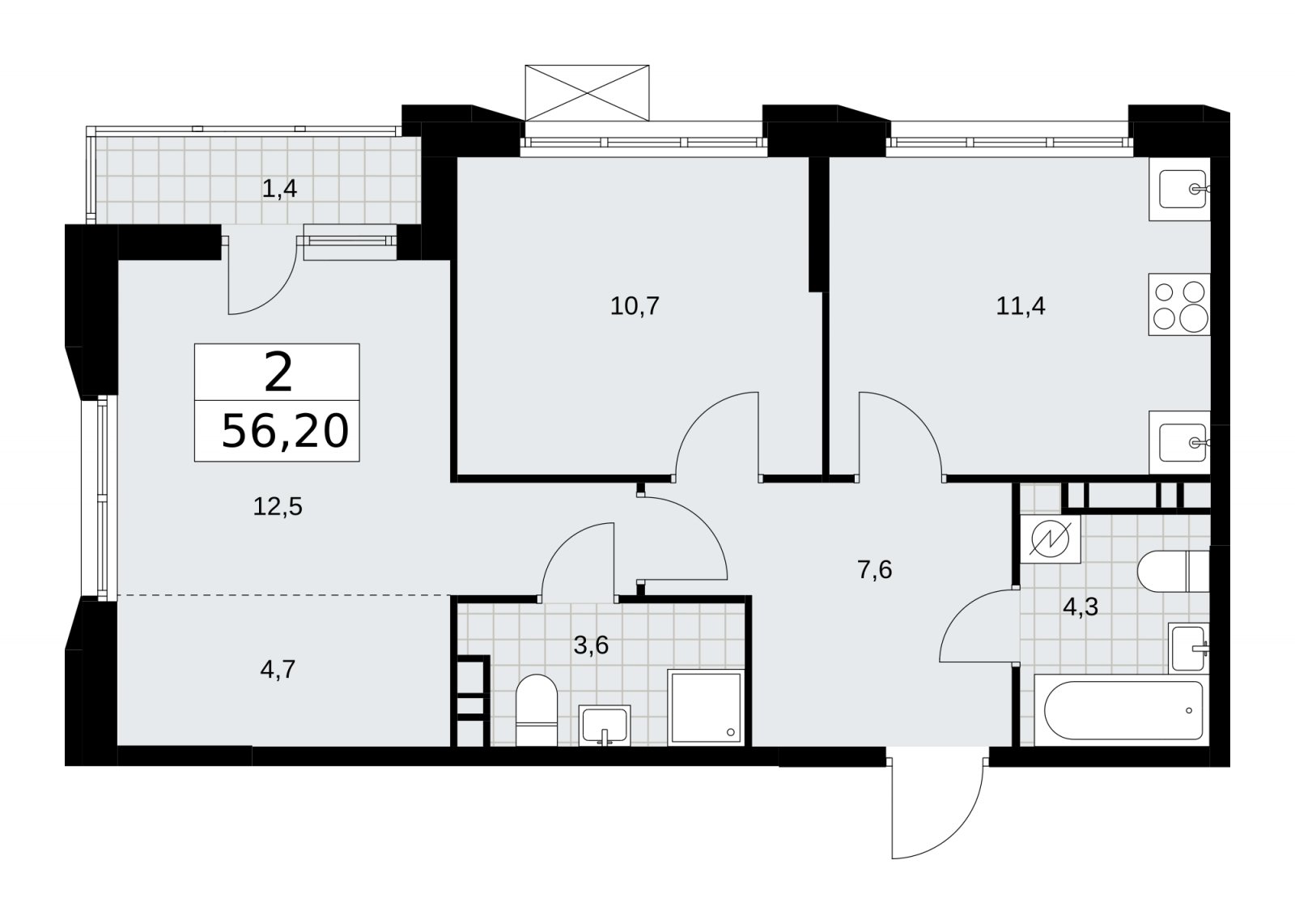 2-комнатная квартира с частичной отделкой, 56.2 м2, 7 этаж, сдача 4 квартал 2025 г., ЖК Скандинавия, корпус 28.4 - объявление 2202884 - фото №1