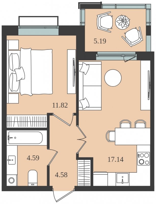 1-комнатная квартира без отделки, 40.73 м2, 3 этаж, сдача 1 квартал 2024 г., ЖК Мишино-2, корпус 8 - объявление 1812137 - фото №1