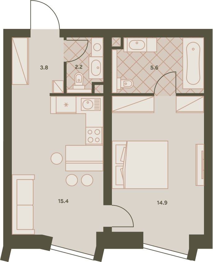 2-комнатная квартира без отделки, 43 м2, 24 этаж, дом сдан, ЖК Eniteo, корпус 2 - объявление 2326738 - фото №1