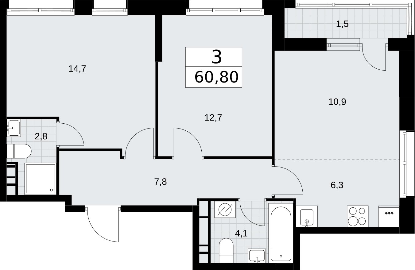 3-комнатная квартира (евро) без отделки, 60.8 м2, 8 этаж, сдача 3 квартал 2026 г., ЖК Родные кварталы, корпус 3.4 - объявление 2378683 - фото №1
