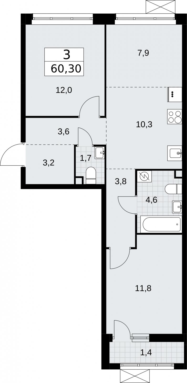 3-комнатная квартира (евро) без отделки, 60.3 м2, 2 этаж, сдача 3 квартал 2026 г., ЖК Родные кварталы, корпус 2 - объявление 2295655 - фото №1