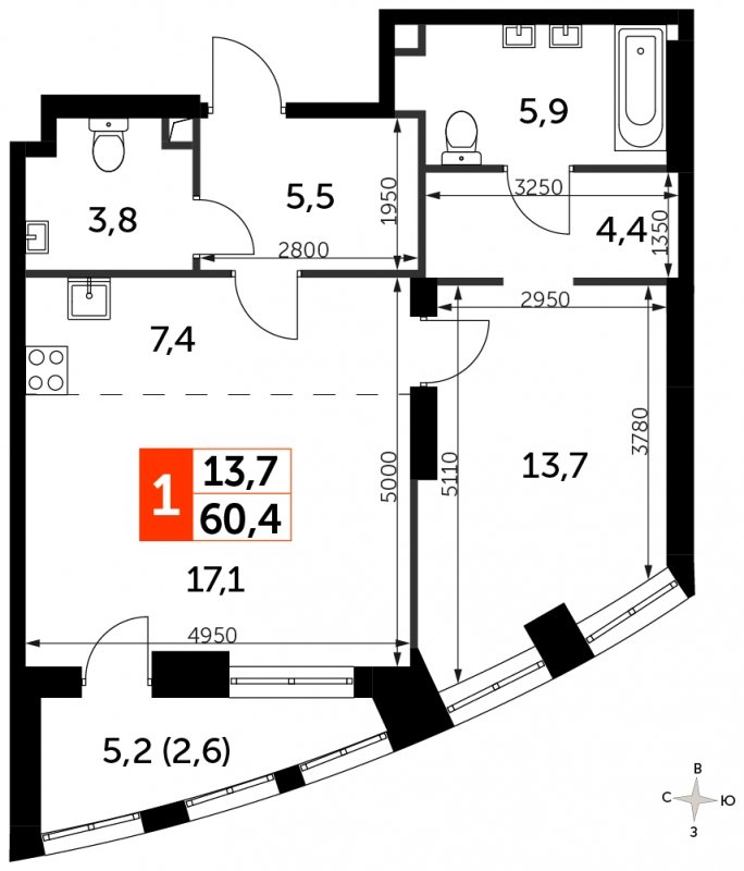 1-комнатная квартира с частичной отделкой, 60.4 м2, 2 этаж, сдача 3 квартал 2024 г., ЖК Sydney City, корпус 2.2 - объявление 1612547 - фото №1
