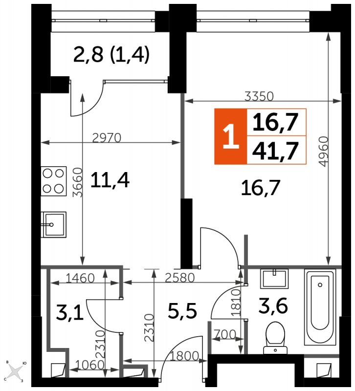 1-комнатная квартира с частичной отделкой, 41.7 м2, 25 этаж, сдача 1 квартал 2023 г., ЖК Sydney City, корпус 3 - объявление 1666237 - фото №1