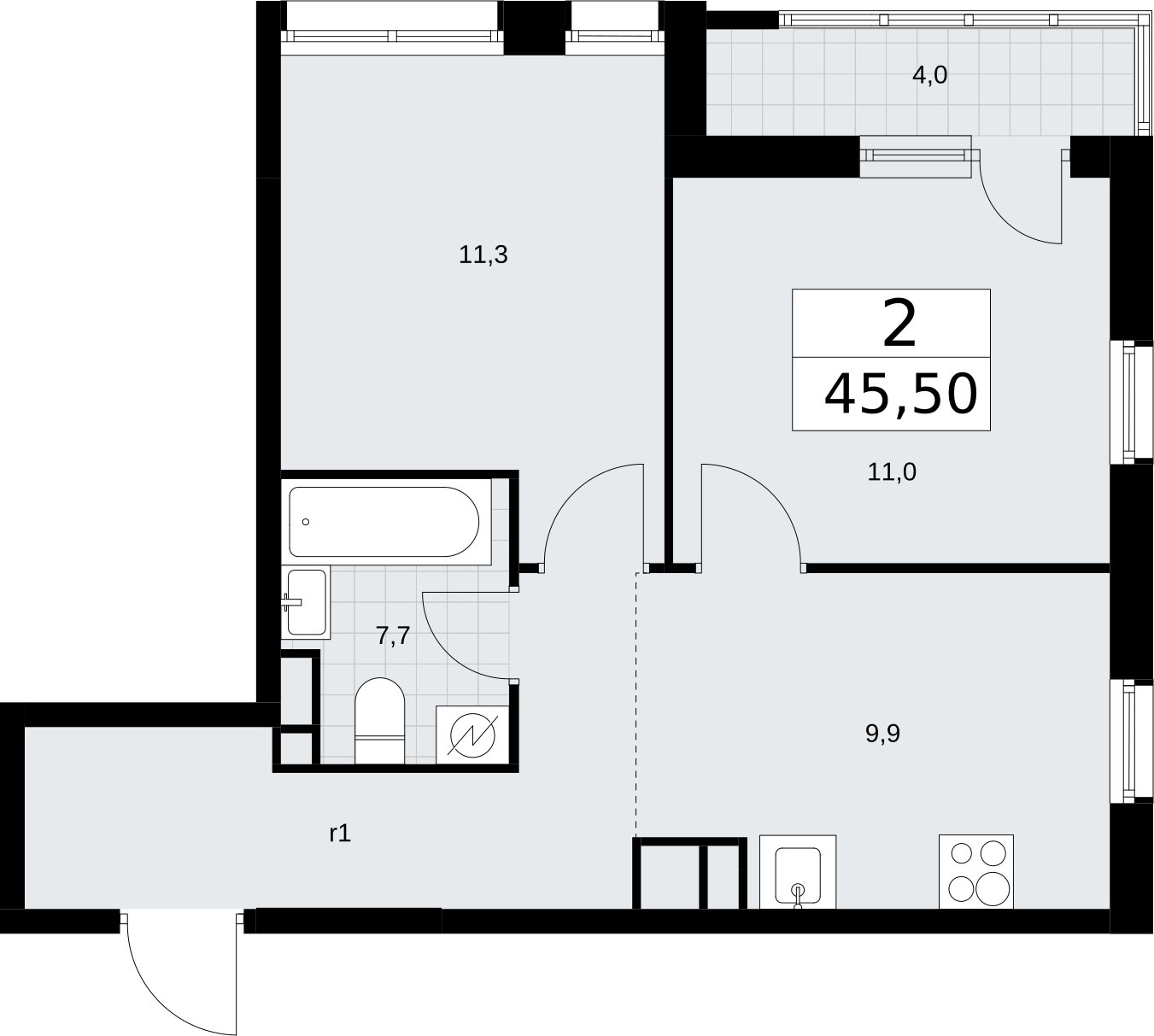 2-комнатная квартира с полной отделкой, 45.5 м2, 9 этаж, сдача 4 квартал 2026 г., ЖК Родные кварталы, корпус 1.2 - объявление 2318231 - фото №1