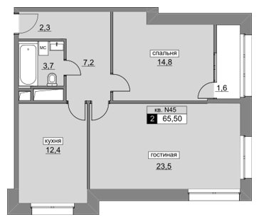 2-комнатная квартира без отделки, 65.5 м2, 13 этаж, сдача 4 квартал 2022 г., ЖК Румянцево-Парк, корпус 3 - объявление 1186312 - фото №1