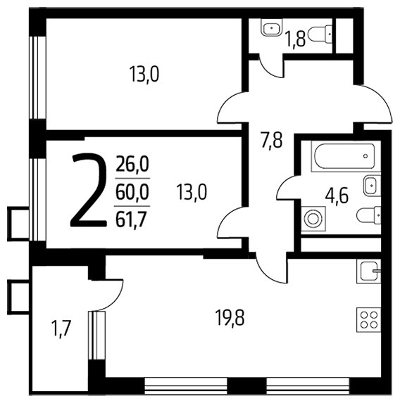 2-комнатная квартира с полной отделкой, 61.7 м2, 10 этаж, сдача 1 квартал 2024 г., ЖК Новые Ватутинки. Центральный, корпус 9/3 - объявление 1674635 - фото №1