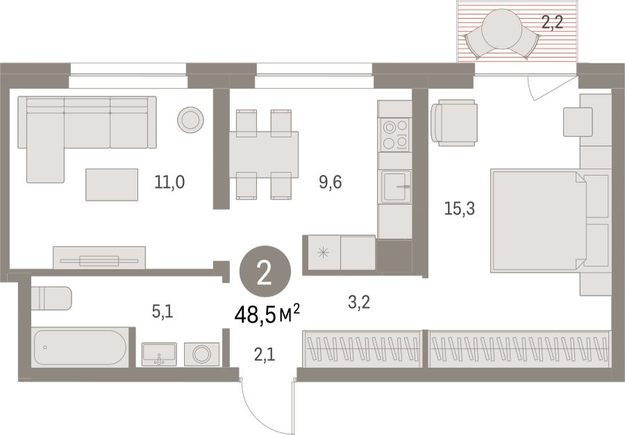 2-комнатная квартира с частичной отделкой, 48.45 м2, 3 этаж, дом сдан, ЖК Первый квартал, корпус 5 - объявление 2263082 - фото №1