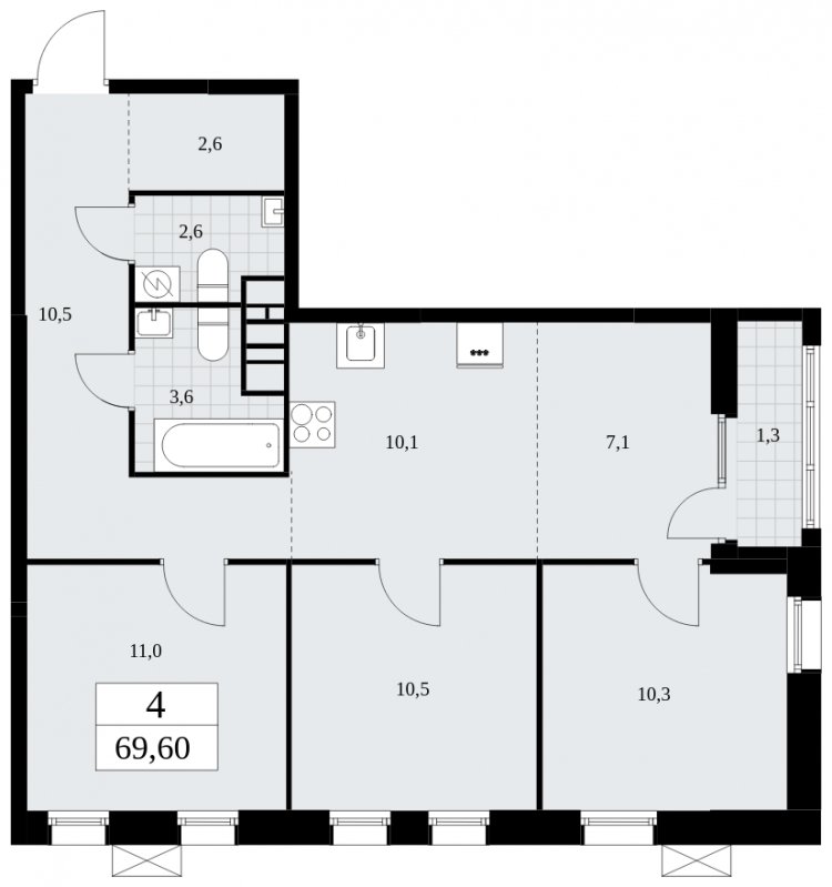 4-комнатная квартира (евро) с частичной отделкой, 69.6 м2, 8 этаж, сдача 1 квартал 2025 г., ЖК Дзен-кварталы, корпус 1.1 - объявление 1895520 - фото №1
