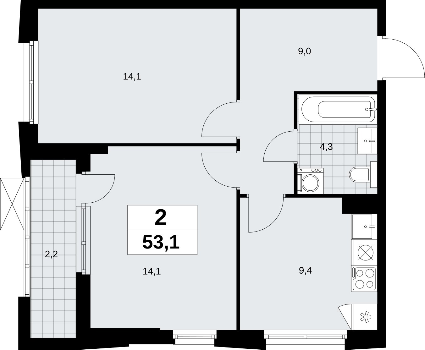 2-комнатная квартира без отделки, 53.1 м2, 3 этаж, сдача 1 квартал 2026 г., ЖК Дзен-кварталы, корпус 6.2.2 - объявление 2328627 - фото №1