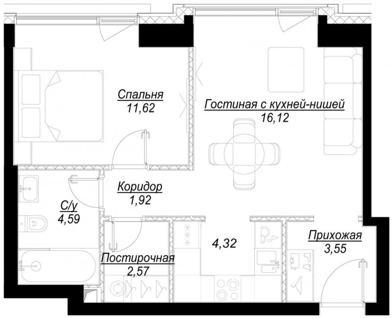 1-комнатная квартира с частичной отделкой, 44.7 м2, 16 этаж, сдача 1 квартал 2023 г., ЖК Hide, корпус RiverSide - объявление 1756835 - фото №1