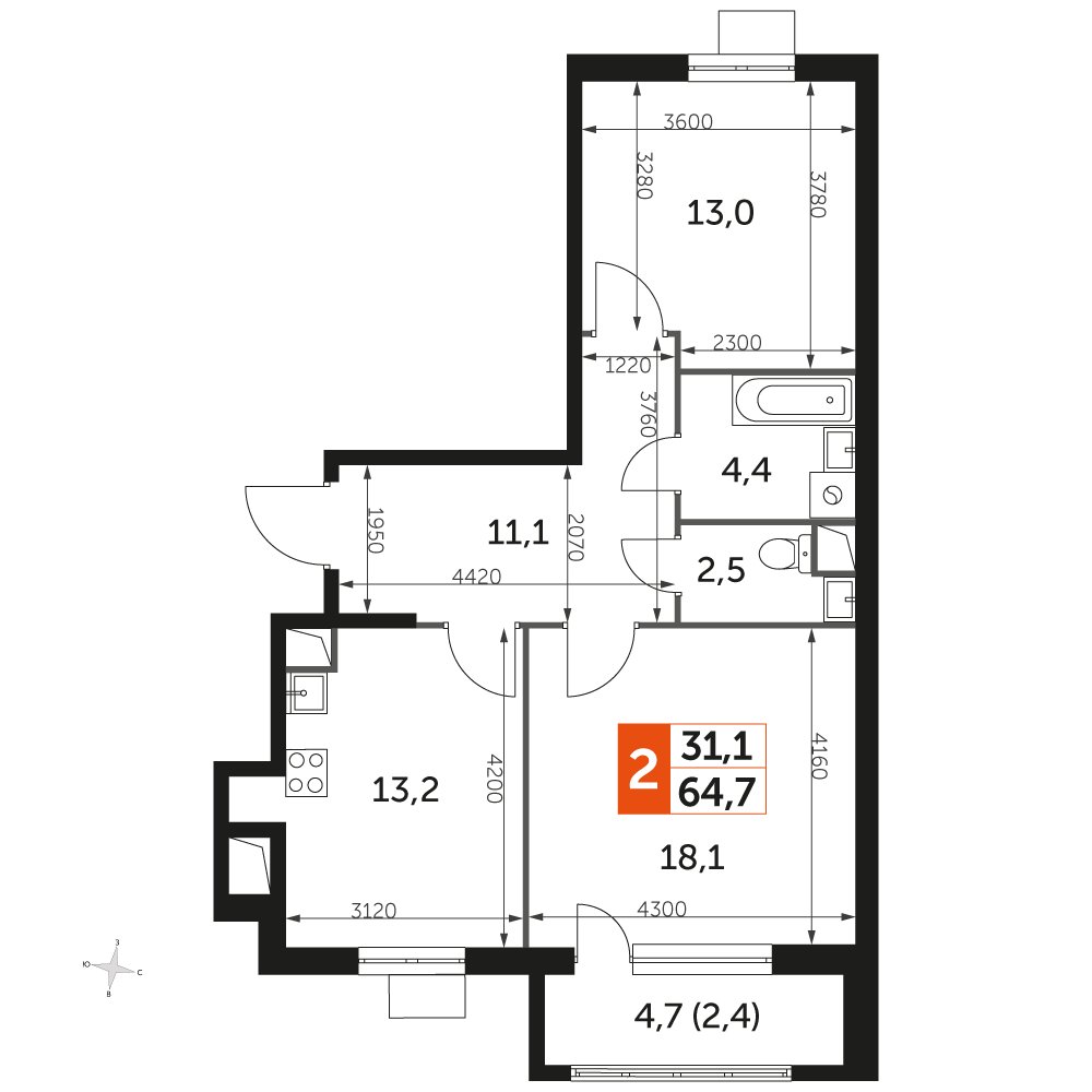 2-комнатная квартира без отделки, 65.1 м2, 2 этаж, дом сдан, ЖК UP-квартал Римский, корпус 7 - объявление 2353979 - фото №1