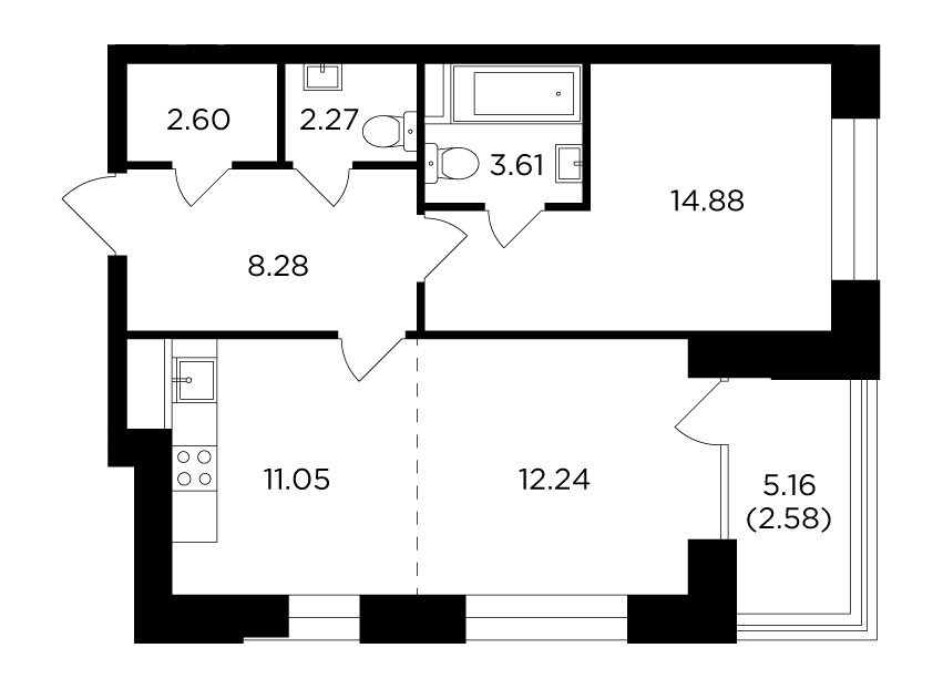 2-комнатная квартира без отделки, 57.51 м2, 12 этаж, дом сдан, ЖК FORIVER, корпус 11 - объявление 2371332 - фото №1