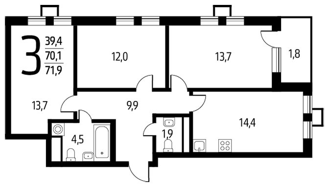 3-комнатная квартира с полной отделкой, 71.9 м2, 2 этаж, сдача 1 квартал 2024 г., ЖК Новые Ватутинки. Центральный, корпус 9/3 - объявление 1674619 - фото №1