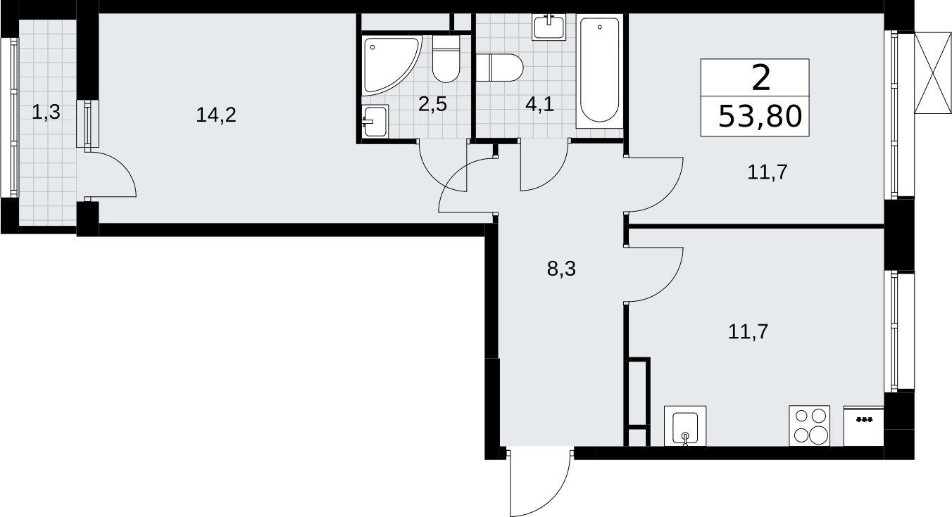 2-комнатная квартира без отделки, 53.8 м2, 3 этаж, сдача 3 квартал 2026 г., ЖК Родные кварталы, корпус 2 - объявление 2295476 - фото №1