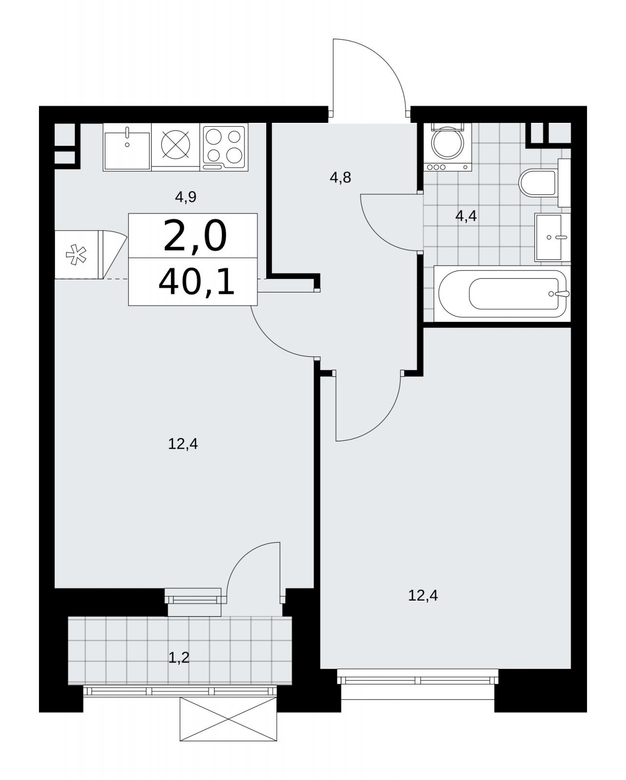 2-комнатная квартира (евро) с частичной отделкой, 40.1 м2, 3 этаж, сдача 1 квартал 2026 г., ЖК Бунинские кварталы, корпус 6.3 - объявление 2252645 - фото №1