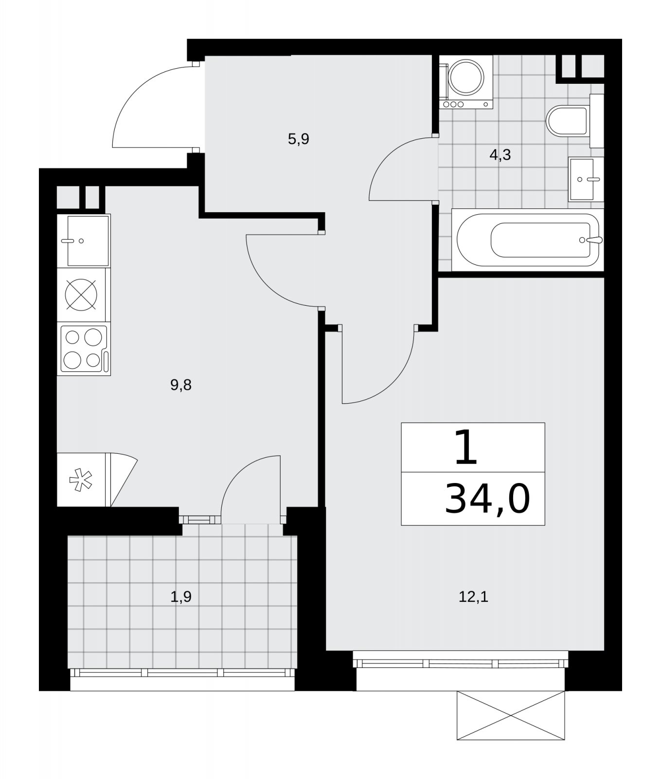 1-комнатная квартира без отделки, 34 м2, 3 этаж, сдача 1 квартал 2026 г., ЖК Деснаречье, корпус 4.3 - объявление 2263848 - фото №1