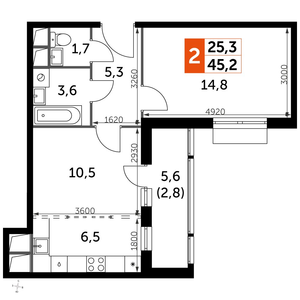 2-комнатная квартира с частичной отделкой, 45.2 м2, 16 этаж, дом сдан, ЖК UP-квартал Римский, корпус 7 - объявление 2359911 - фото №1