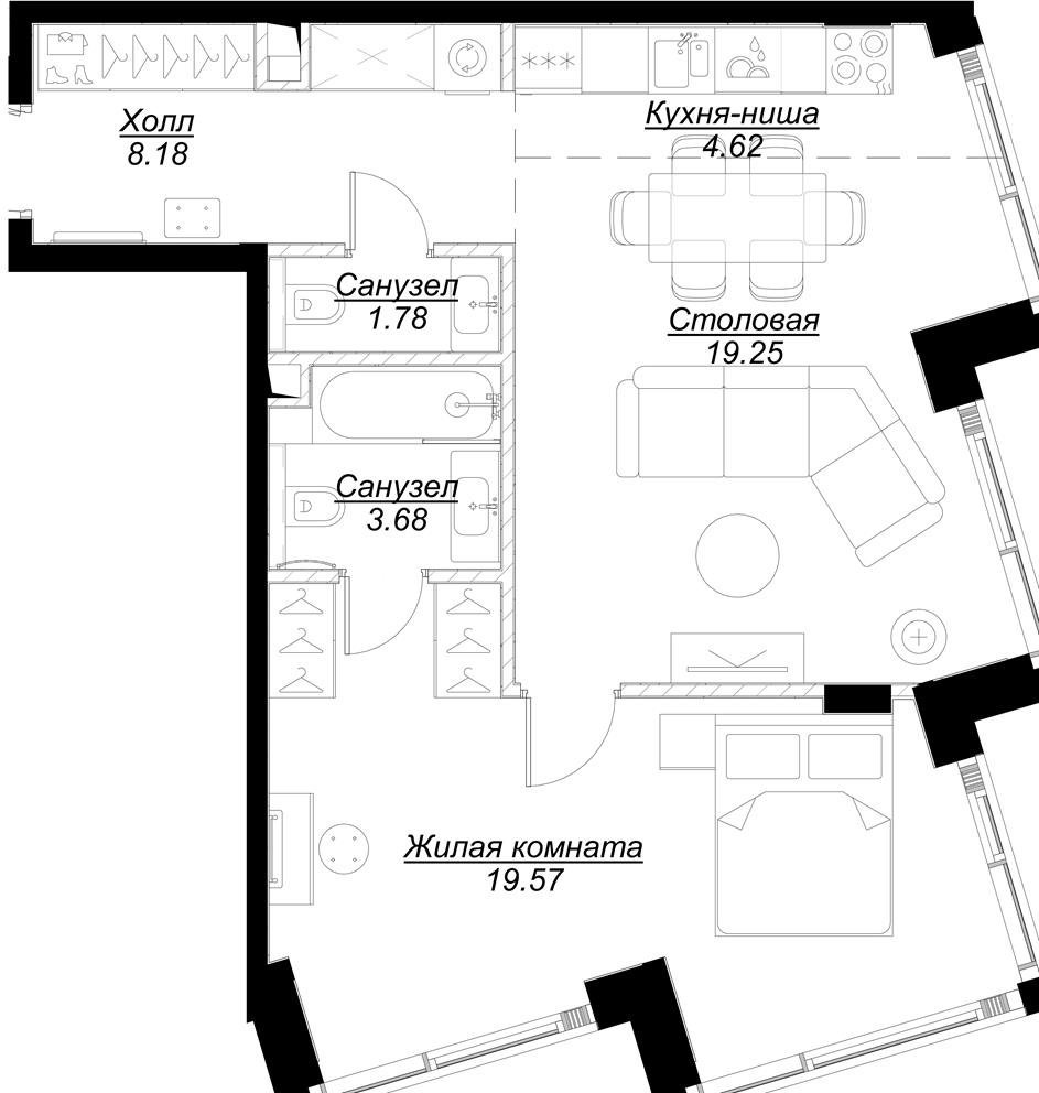 1-комнатная квартира с полной отделкой, 60.53 м2, 7 этаж, сдача 4 квартал 2024 г., ЖК MOD, корпус Stein - объявление 2332056 - фото №1