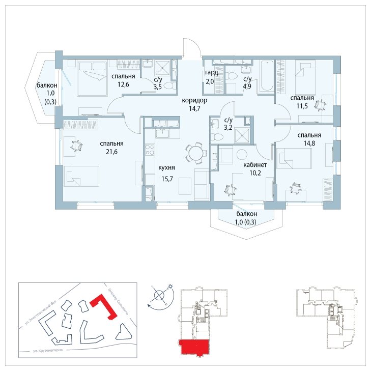 5-комнатная квартира без отделки, 115.3 м2, 21 этаж, сдача 3 квартал 2025 г., ЖК Символ, корпус 31 (квартал "Вдохновение") - объявление 1791423 - фото №1
