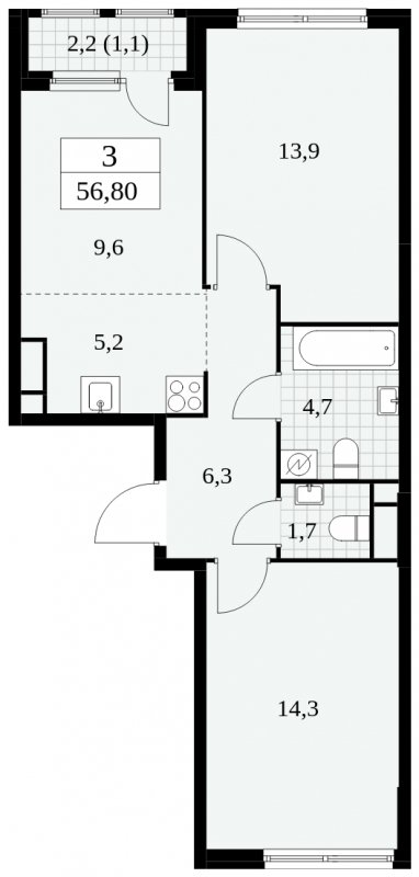 3-комнатная квартира (евро) без отделки, 56.8 м2, 16 этаж, сдача 2 квартал 2025 г., ЖК Южные сады, корпус 2.3 - объявление 1758353 - фото №1
