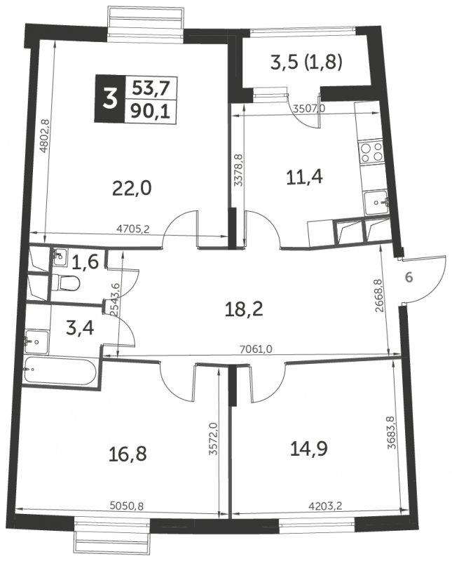 3-комнатная квартира без отделки, 90.1 м2, 4 этаж, сдача 3 квартал 2023 г., ЖК UP-квартал Римский, корпус 7 - объявление 1342783 - фото №1