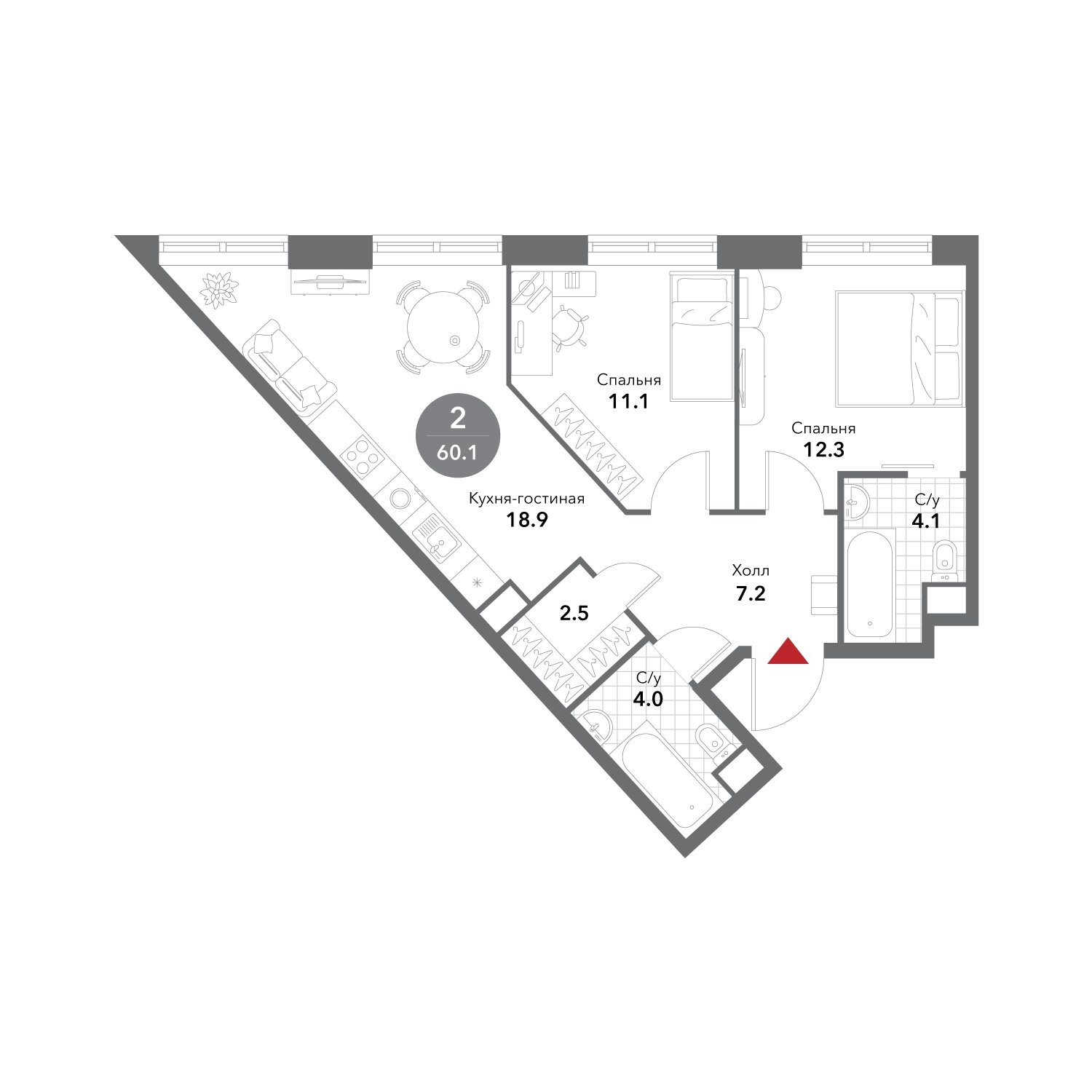 2-комнатная квартира без отделки, 60.1 м2, 3 этаж, сдача 3 квартал 2025 г., ЖК VOXHALL, корпус 2 - объявление 1981130 - фото №1